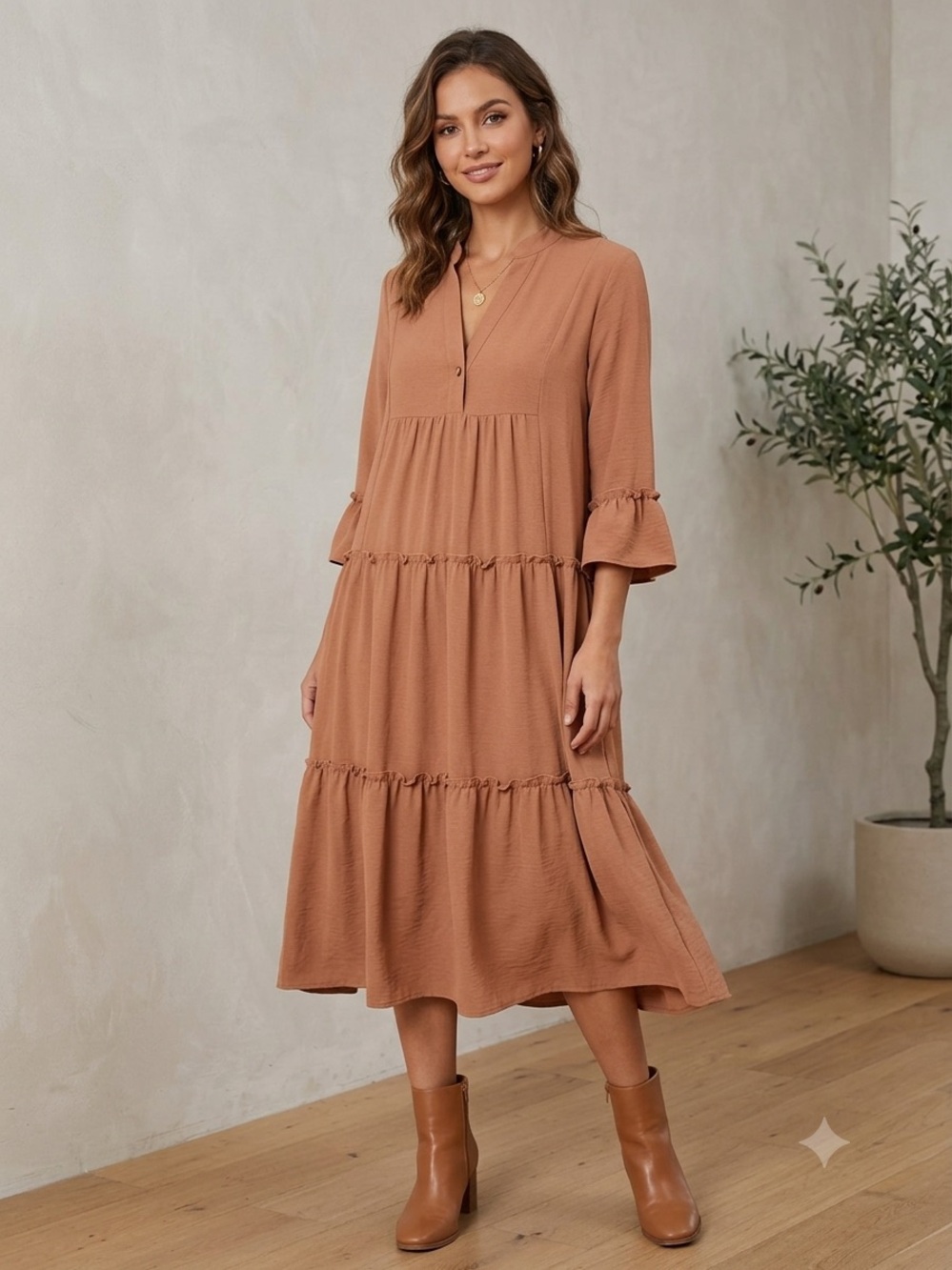 Relaxed Tiered Midi Dress in Camel Brown, women’s size large